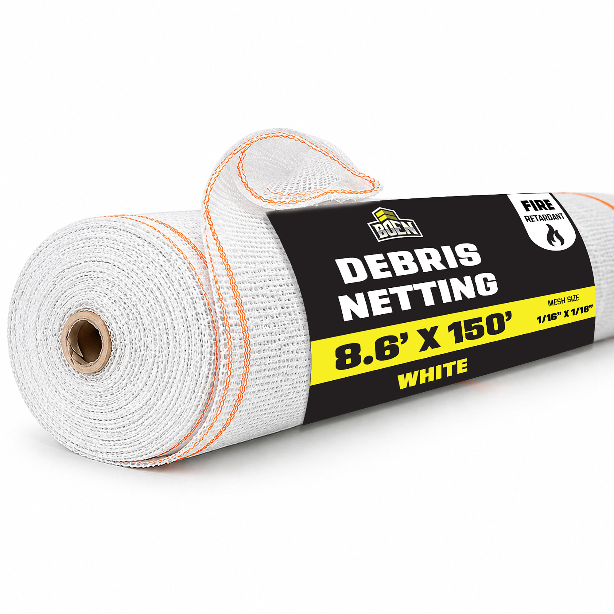 Boen White Safety Debris Netting, 8.6 ft x 150 ft, 1/16" Mesh, Fire Retardant, UV Treated for Scaffolding, Dust Control, Construction Barrier Fencing, Wind Block, and Site Protection